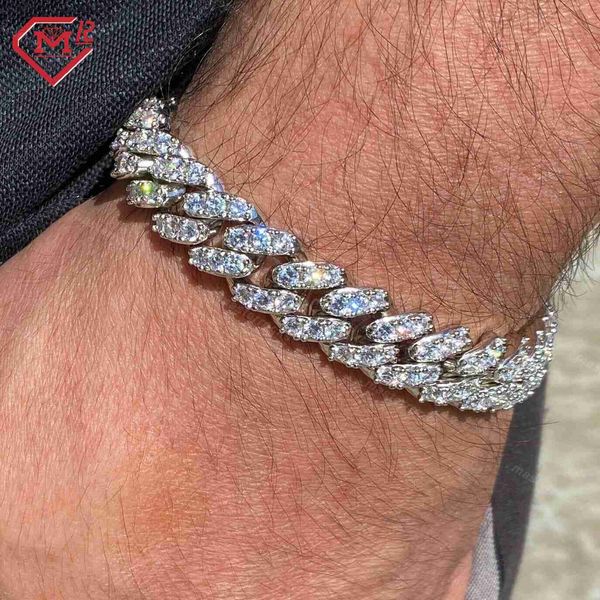 

12mm iced out miami hip hop bracelets custom 925 sterling silver cuban link vvs moissanite bracelet men