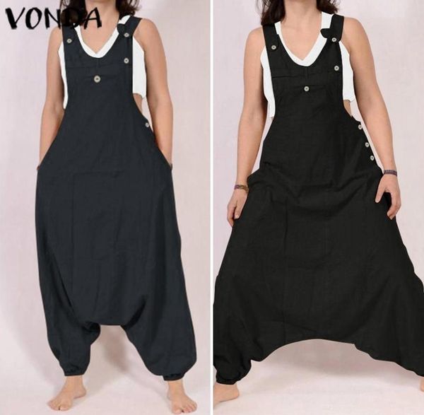 

women jumpsuit vonda summer cotton rompers solid long harem pants plus size casual loose pantalon overalls oversized y2004221028305, Black;white