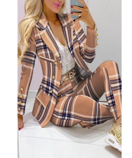 

elegant paisley plaid women039s tracksuits set long sleeve blazer pants suit office lady tracksuit two piece set fitness outfit6535090, Gray