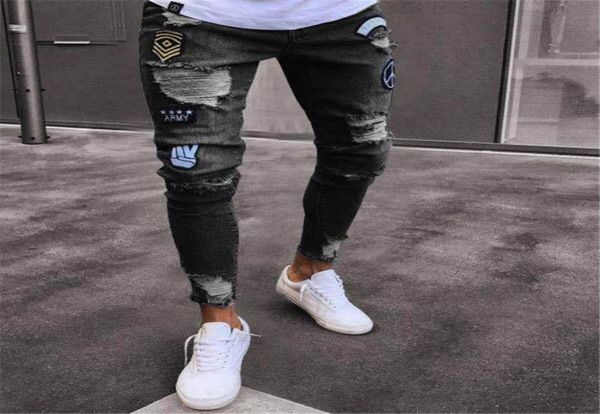 

2020 new brand designer slim fit ripped jeans men histreet mens distressed denim joggers knee holes washed destroyed jeans1586737, Blue