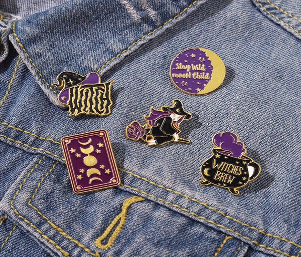 

european magic world witch hat brooches geometric circle round rose lapel pins alloy enamel moon sun star clothes badge jew4892294, Gray