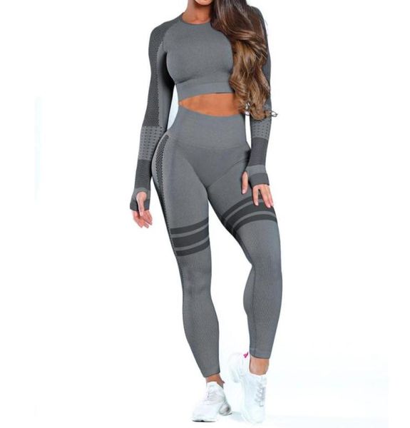 

2pcs seamless crop yoga set gym push up hip leggings women activewear workout long sleeve running fitness sportswear set3698706, Gray