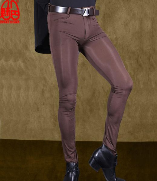 

men transparent pants ice silk see through elastic tight trousers silky pencil pants erotic lingerie club gay wear f909337905, Black