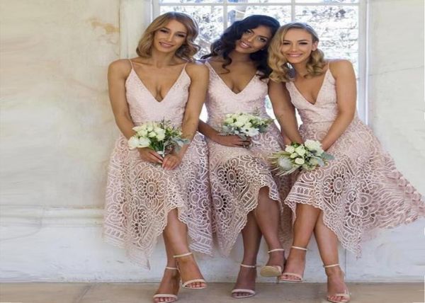 

elegant full lace bridesmaid dresses tealength pink irregular hem spaghetti straps maid of honor country beach wedding party gues1456899, White;pink