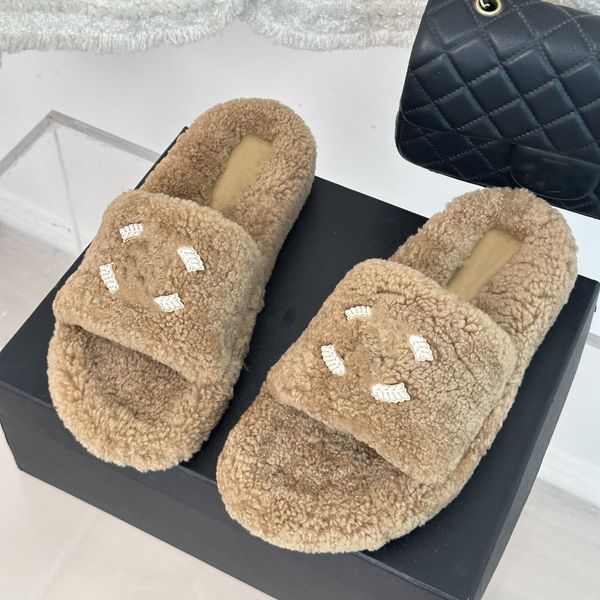 

2023 interlocking c buckle slippers shearling caramel brown teddy wool slides women designer sandal paltform fur mules sheepskin slipper fli, Black