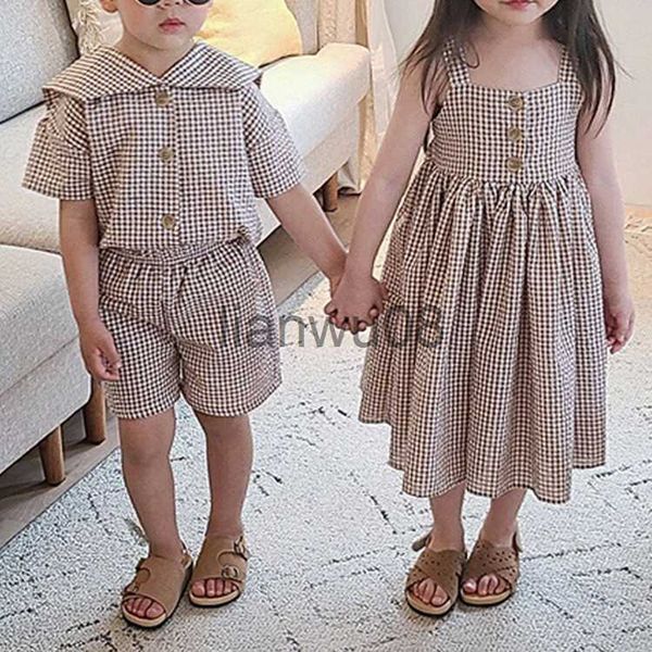 

clothing sets 1550c brother sister clothes college plaid girls suspenders long skirt boys two piece suit summer sailor collar boy's sui, White