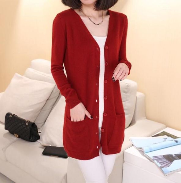 

women039s knits tees lady wool sweater outerwear coat with pockets fashion medium long cashmere cardigan women loose for fema8292081, White