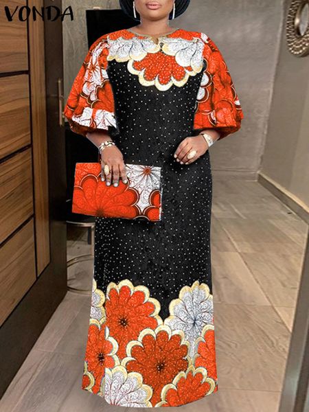 

plus size dresses vonda bohemian women evening dress summer vintage half sleeve floral printed casual loose maxi sundress beach robe femme 2, Black