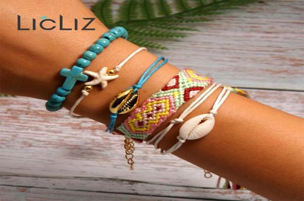 

licliz fashion bohemia 6 pcs tennis shell starfish braided rope wrap bracelets for women multi layer beaded jewelry lpb05179022364, Golden;silver