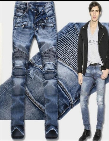 

european and american high street motorcycle pleated elastic jeans multi pocket zipper slim leggings4597040, Blue