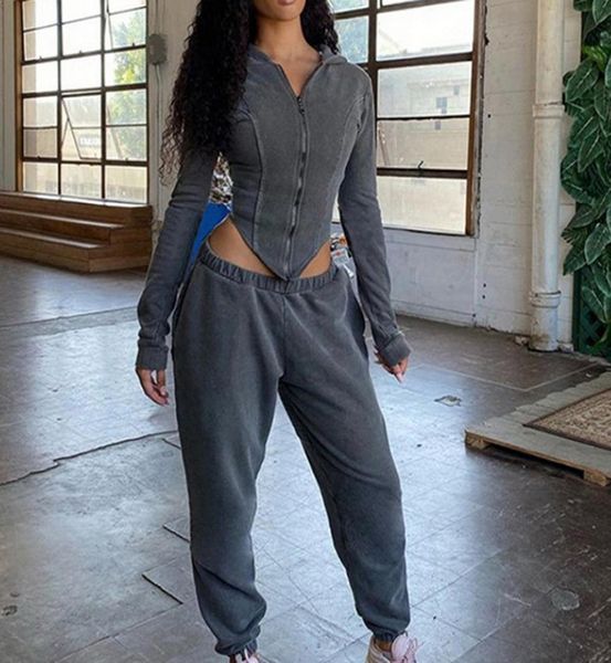

casual workout sporty two piece set for women autumn long sleeve hooded lounge wear zipper corset and pants outfits x09236164640, Gray