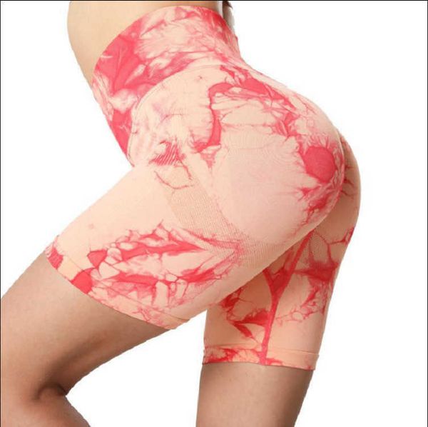 

new tie dyed yoga suit shorts women's sports fitness suit hip lifting high waist elastic tight yoga pants, White;red