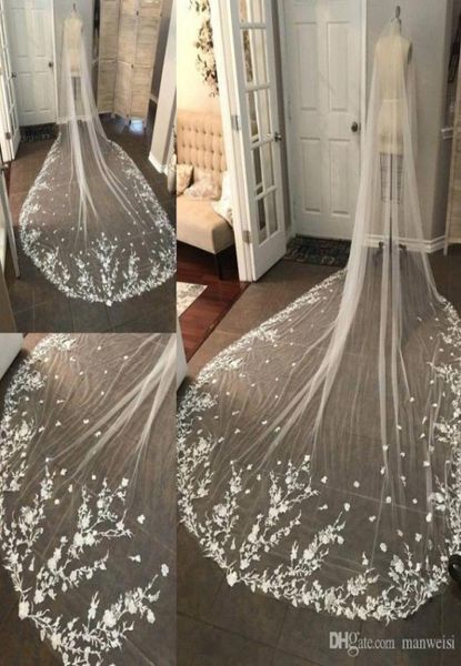 

2020 white ivory cathedral length lace appliqued 3m long bridal wedding veils with comb77213377452972, Black