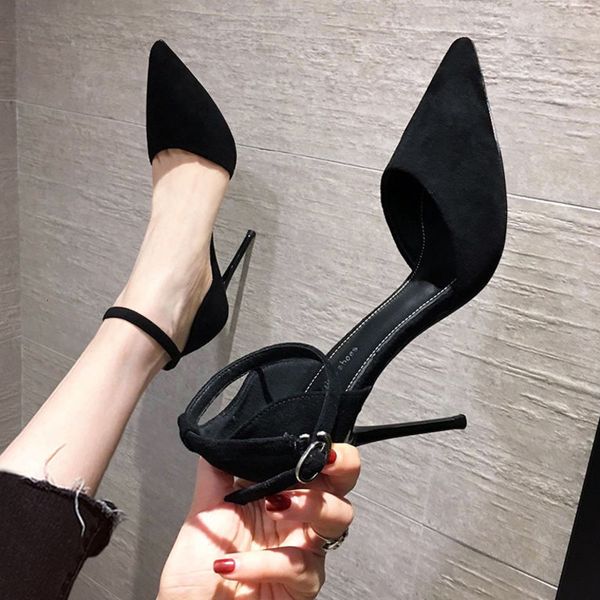 

dress shoes summer net red high heel sandals thin french mid heel button strap fashion little fresh fairy 230803, Black
