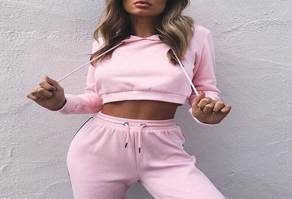 

new fashion women long sleeve crop short hoodie sweatshirt long pants jumper sweater tracksuit 2pcs set1436353, Gray