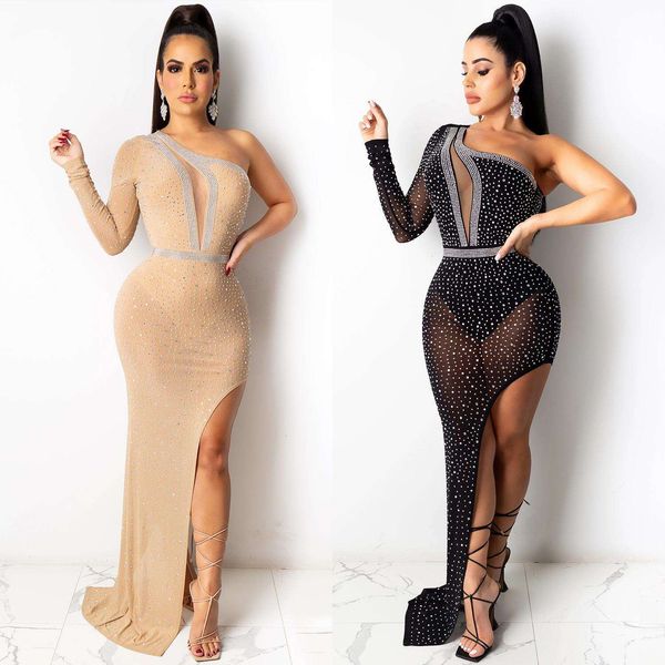 

autumn and winter womens nightclub dress irregular net penetration long for women, Black;gray