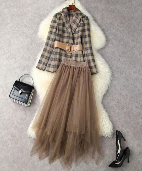 

2021 autumn winter long sleeve notchedlapel khaki blue plaid belted blazers coat tulle asymmetry skirt two piece suits 2 pieces4678631275, White