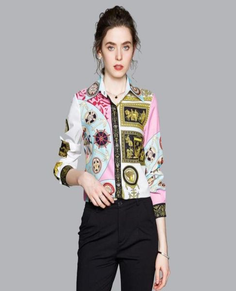 

luxury vintage runway button up shirt women 2021 fashion lantern sleeve lapel printed elegant office blouses spring autumn winter 9610074, White