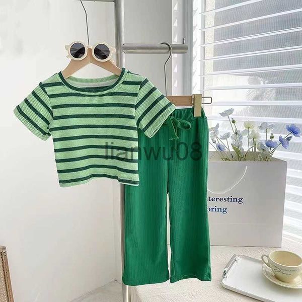 

clothing sets baby girls cotton clothes summer short sleeve tshirts and wide leg pants set stripe outfits kids trousers suit loungewear x080, White