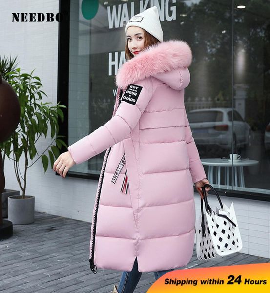 

needbo winter jacket women fur collar long parka warm slim woman winter coats and puffer jacket padded outwear long coat women y208065409, Black