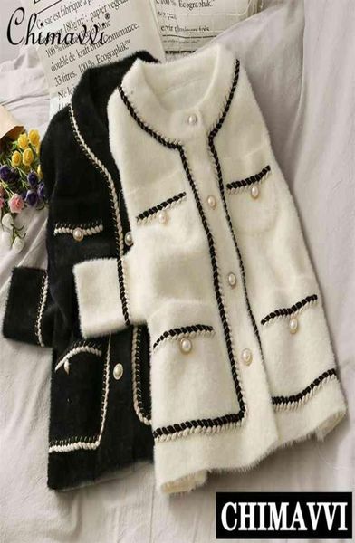 

mink cashmere loose sweater cardigan jacket women autumn and winter short bright silk stripe thickened knitted coat 2109079377116, White;black