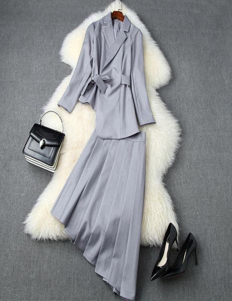 

2020 fall autumn long sleeve notchedlapel grey pure color waist belt blazers pleated asymmetry skirt two piece 2 pieces set lag3089578, White