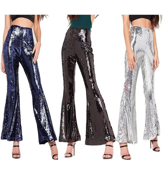 

shining sequin flare pants for woman high waist flares culotte glitter ladies party trousers gorgeous long bell bottoms xl8315585, Black;white