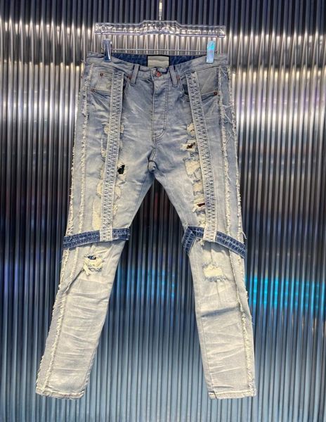 

european and american men039s jeans high street knife cut hole ribbon washed old zipper trousers1437725, Blue
