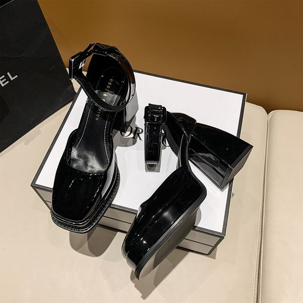 

dress shoes lace bowknot pearls strap platform pump thick heels mary jean woman square toe high heeled ladies 230803, Black