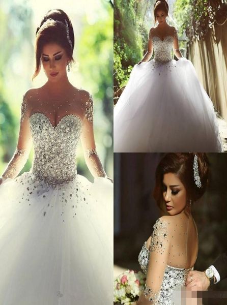 

2020 luxury crystals long sleeves ball gowns wedding dresses rhinestones lace up backless arabic bride gown sheer neck vestidos de7907902, White