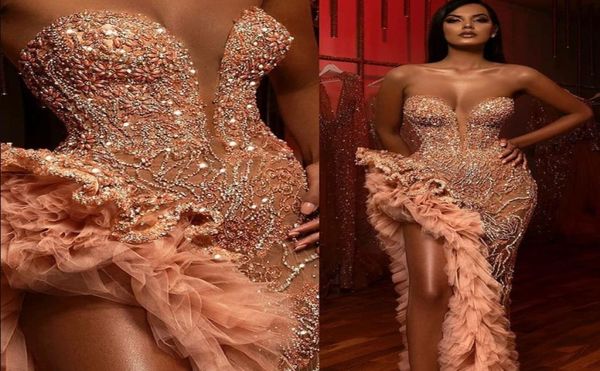 

stunning ruffles evening formal dresses 2020 sweetheart beading crystals mermaid prom gowns thigh high slits sequined tiered4559410, Black;red