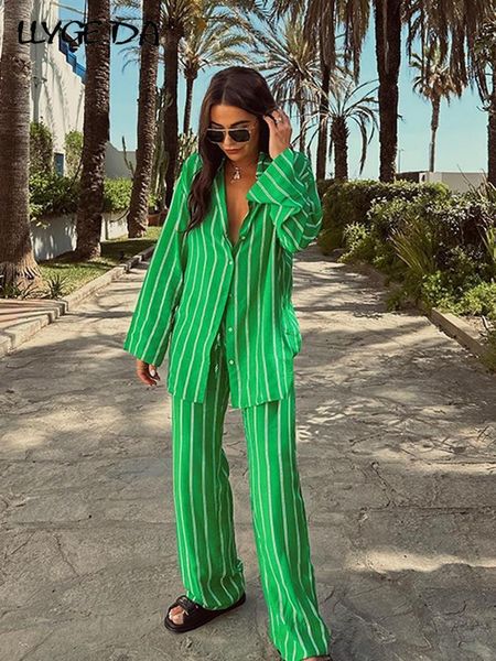 

women s two piece pants fashion green striped long sets for women 2023 summer sleeve shirts loose high waist 2 set female outifit 230803, White