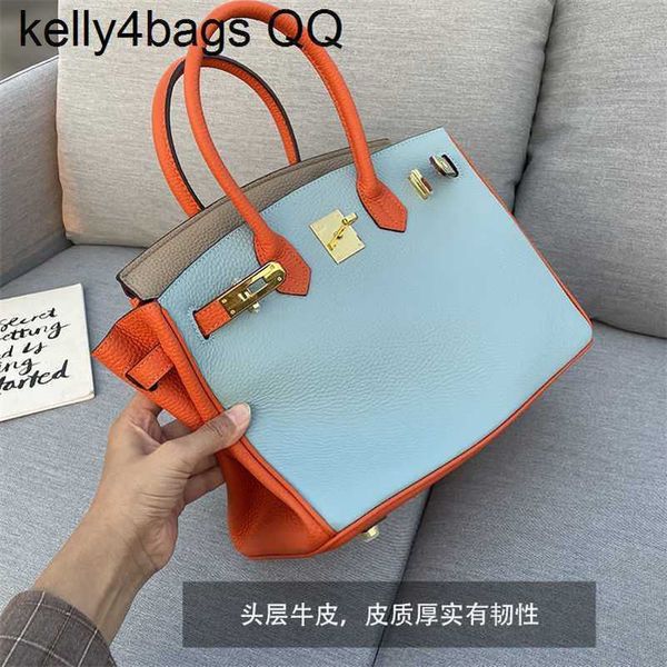 

totes designer birkins h ermess bags 5a quality genuine leather real litchi pattern layer cowhide blue orange contrast women's color sh