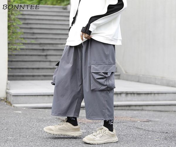 

casual pants men wide leg pocket elastic waist solid mens loose chic hip hop streetwear harajuku allmatch simple fashion ins5828494, Black