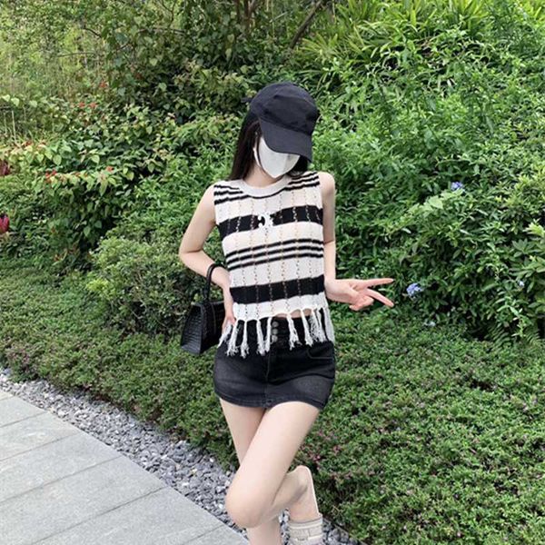 

women's t-shirt designer 23 summer new ce home fringe contrast stripe sleeveless knitted for women g36h, White