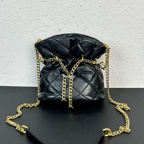

lambskin leather women designer mini drawstring bucket bag enameled gold metal hardware chain lovely lady crossbody shoulder handbag luxury