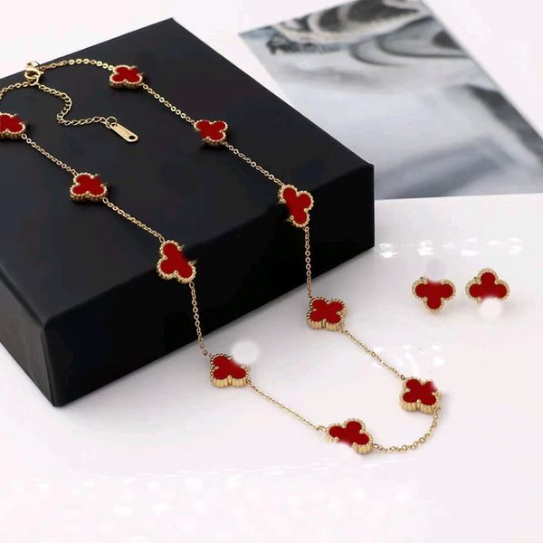 

4 four leaf 10 red flower chain necklace for women trendy gold plated pendant necklaces titanium steel 10mm width link chains 2 sided inlaid, Silver