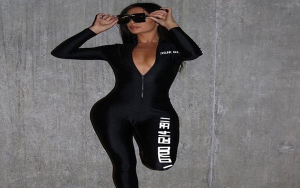 

waatfaak black bodycon jumpsuit romper long sleeve bodysuit women zipper v neck jumpsuit elegant full length polyester lj20083676249, Black;white