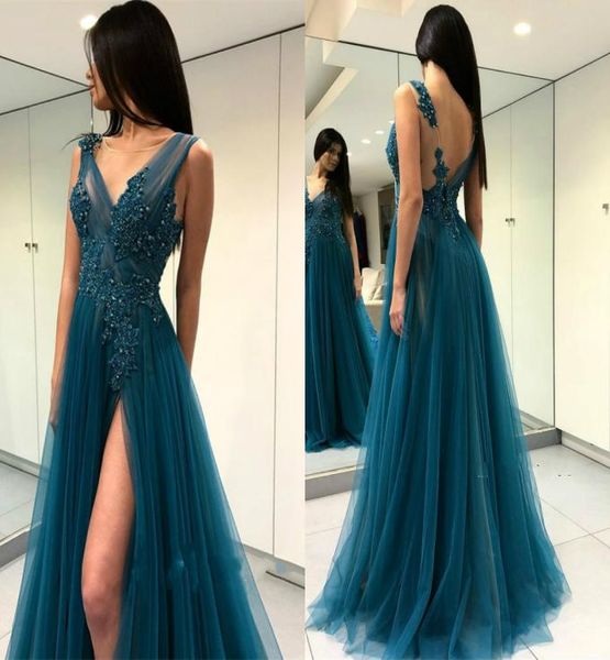 

side split prom dresses v neck lace appliques beaded sweep train backless sweep train evening dress formal occasion gowns7071387, Black