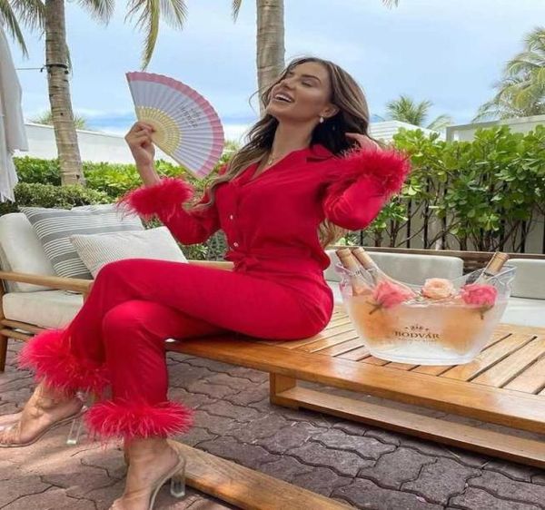 

womens two piece pants set solid color tracksuits lapel neck feather long sleeve buttons cardigan trousers casual loose pajama sui2222210, Gray