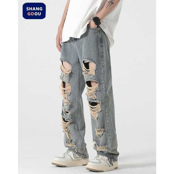 

designer jeans shanggu men's high street fashion brand big hole jeans men's loose straight tube casual floor dragging pants, Blue