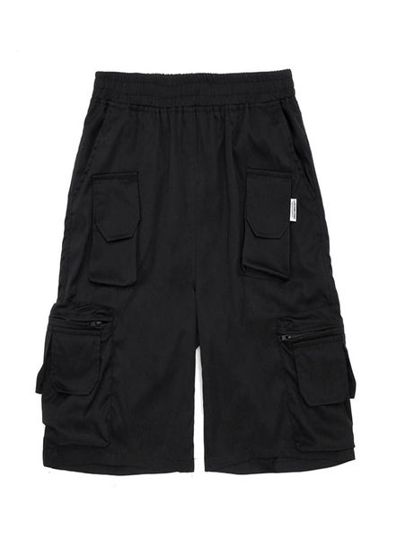 

pants elastic waist multipockets cargo shorts for men summer wide leg solid oversized style knee lenght8087843, Black