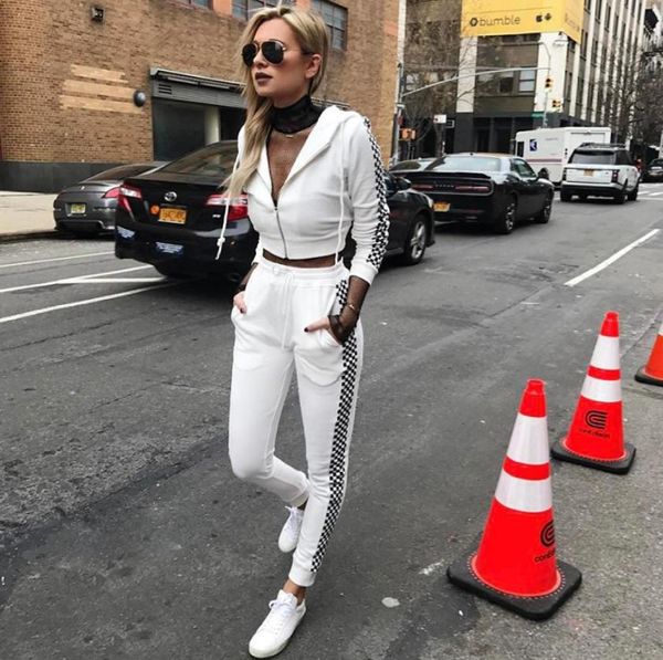 

two piece dress 2021 fashion women side plaid panelled outfits casual tracksuit zipper hooded sweatshirt jogger pants 2 set female4525130, White