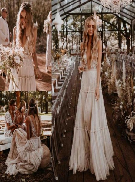 

fabulous lace boho backless wedding dresses a line deep v neck beach bridal gowns tulle floor length bohemian vestido de novia2068923, White
