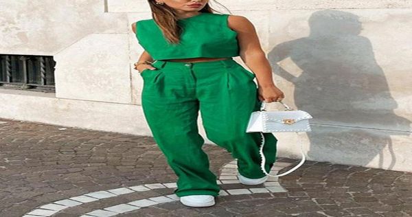 

women039s two piece pants summer women vest set oneck crop high waist flare suit female 2022 causal vintage lady outfits2285905, White