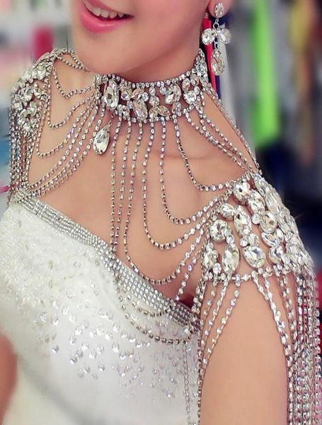 

vintage bridal shoulder necklace chain rhinestone drop necklace earring wedding party body shoulder chain jewelry crystal8106195, Silver