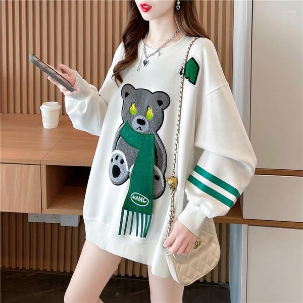 

women's hoodies 2023 spring autumn round neck sweatshirts women pullovers cute cartoon applique lady casual coat oversize loose, Black