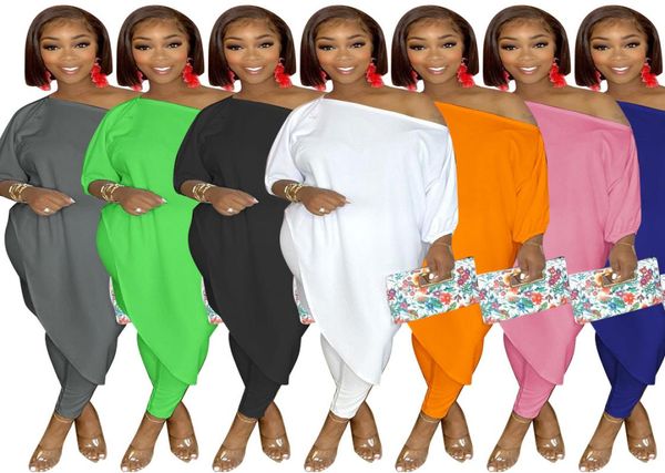 

women two piece outfits sets oblique shoulder long sleeve casual legging pants sets8389994, White