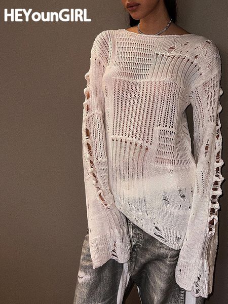 

women s t shirt heyoungirl ripped women full length pullovers knitting loose casual beggar style hollow out lady t shirt harajuku streetwear, White