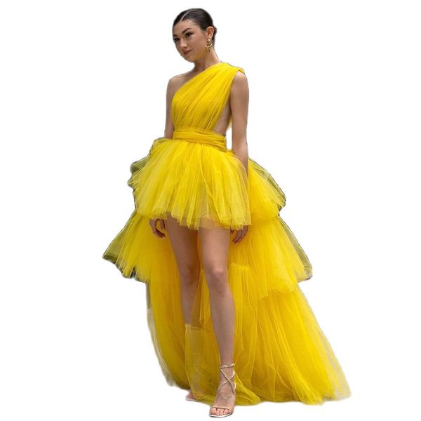 

charming yellow high low prom dresses one shoulder ruffles tiered evening gown layered a line dress for womens special occasion event wear, Black